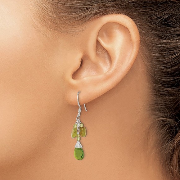 Sterling Silver Peridot & Green Crystal Teardrop Dangle Drop Ladies Earrings - Picture 3 of 4